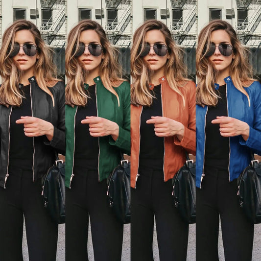 All seasons Leather Jacket for Women. Large Size Solid Color, Elegant Versatile Top PU Coat - WAREHOUSE SHOP