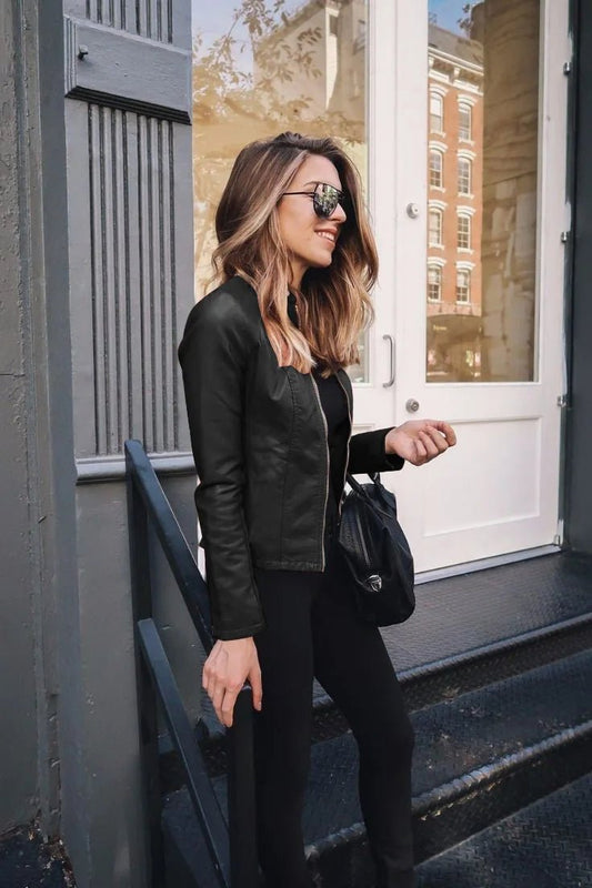 All seasons Leather Jacket for Women. Large Size Solid Color, Elegant Versatile Top PU Coat - WAREHOUSE SHOP