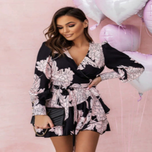 Fashion Printed V-neck Ruffled Long Sleeve Dress