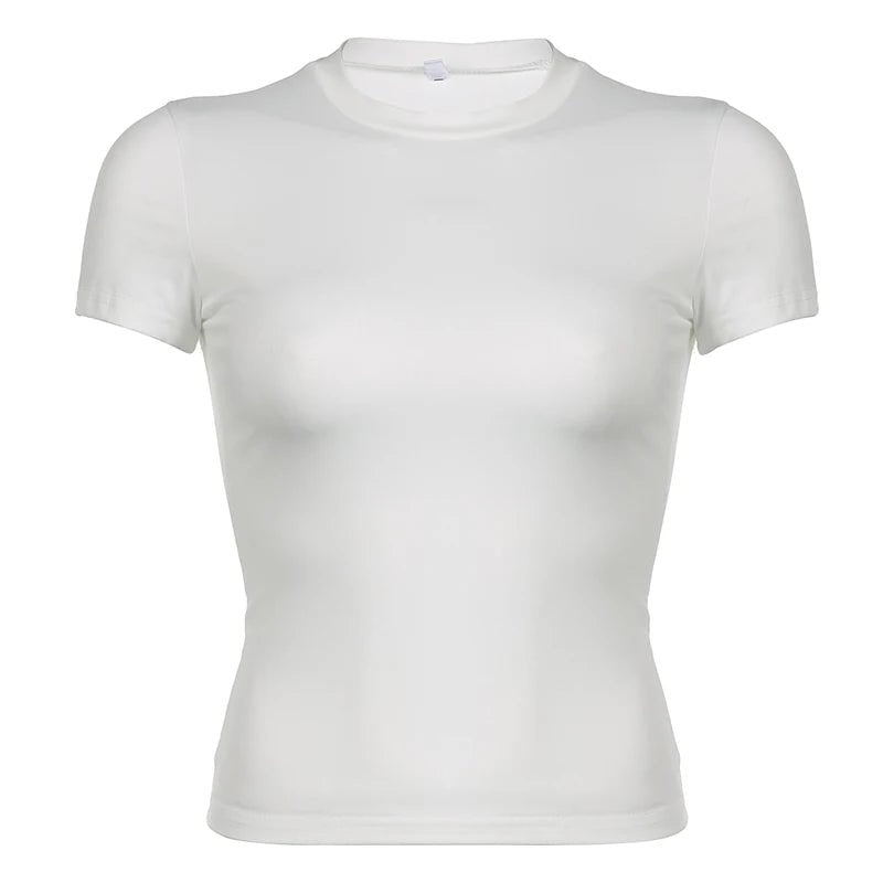 Basic Solid Crop Top Short Sleeve Crewneck Skinny T-shirt Summer Casual Tee for Women Y2K Vintage Top Harajuku Streetwear - WAREHOUSE SHOP