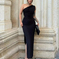 Black elegant Dress, Sexy Split Sleeveless, Backless Dress Off Shoulder, for casual, Dinner, Club Slim wear Dress - WAREHOUSE SHOP