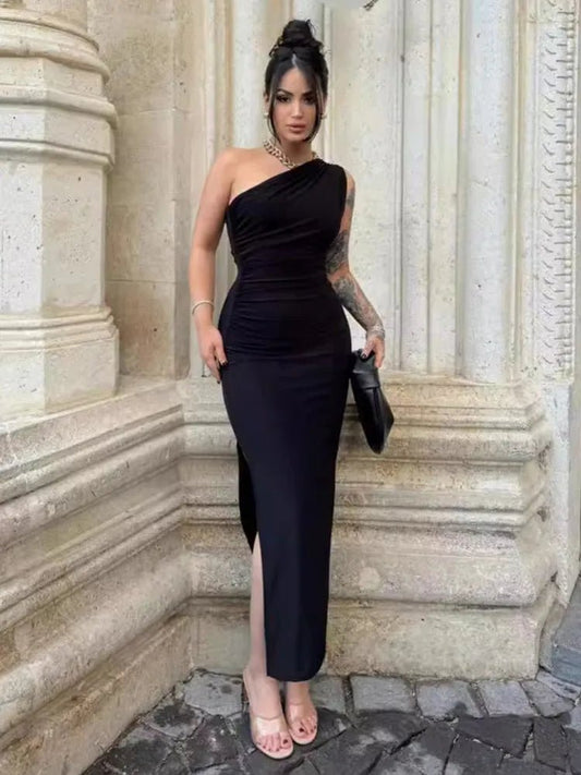 Black elegant Dress, Sexy Split Sleeveless, Backless Dress Off Shoulder, for casual, Dinner, Club Slim wear Dress - WAREHOUSE SHOP