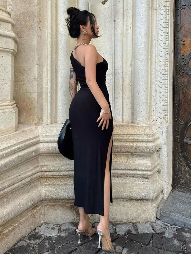 Black elegant Dress, Sexy Split Sleeveless, Backless Dress Off Shoulder, for casual, Dinner, Club Slim wear Dress - WAREHOUSE SHOP