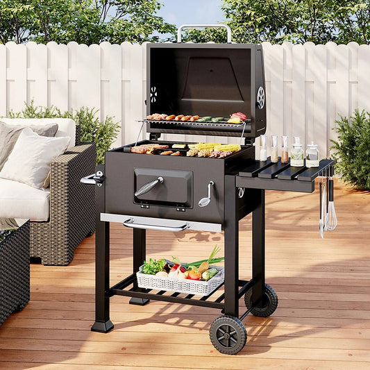 【Breeins】Charcoal Grill, Adjustable Charcoal Tray, Pull - out Ash Tray, Heavy Duty Barbecue Grill with Wheels - WAREHOUSE SHOP