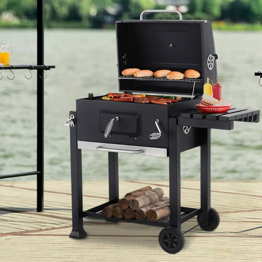 【Breeins】Charcoal Grill, Adjustable Charcoal Tray, Pull - out Ash Tray, Heavy Duty Barbecue Grill with Wheels - WAREHOUSE SHOP