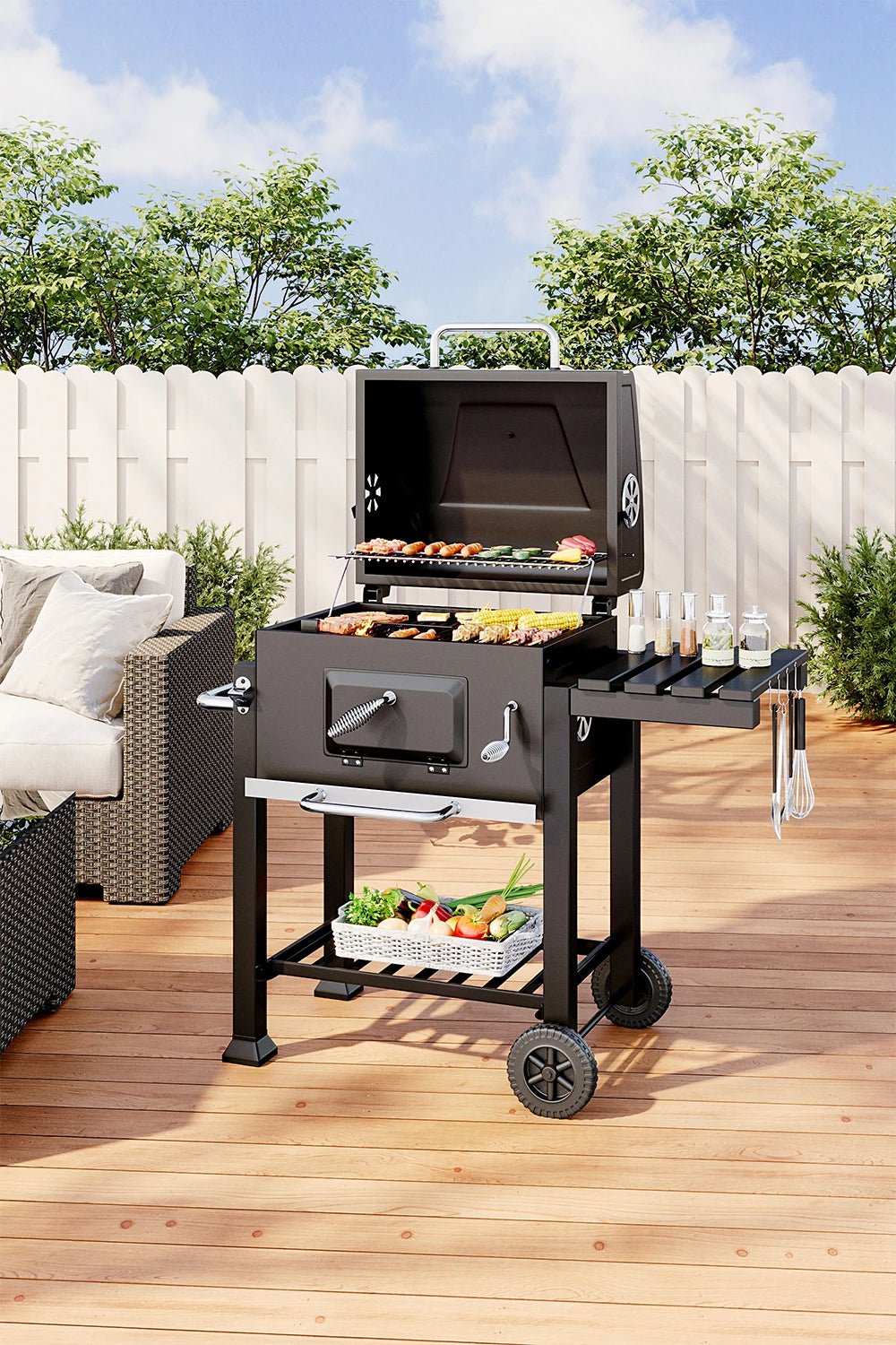 【Breeins】Charcoal Grill, Adjustable Charcoal Tray, Pull - out Ash Tray, Heavy Duty Barbecue Grill with Wheels - WAREHOUSE SHOP