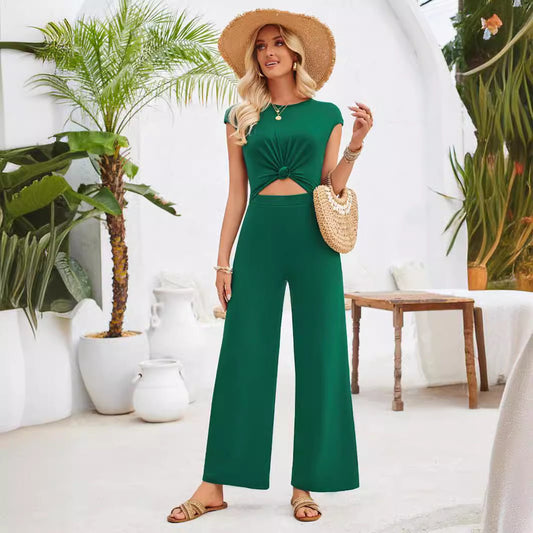 Casual Women's Jumpsuit Summer Round Neck Short Sleeves Knitted - WAREHOUSE SHOP