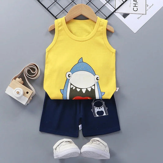 Children Sets Kids Clothes Boys Girls Vest Suit Summer Children's Clothing baby Cotton T-Shirts Shorts Tank Top Sleeveless - WAREHOUSE SHOP