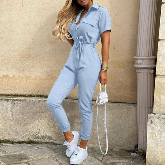 Classic, Casual, Lapel Printed Belt Overalls, Jumpsuit for women - WAREHOUSE SHOP