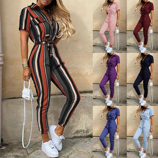 Classic, Casual, Lapel Printed Belt Overalls, Jumpsuit for women - WAREHOUSE SHOP