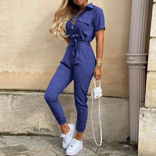 Classic, Casual, Lapel Printed Belt Overalls, Jumpsuit for women - WAREHOUSE SHOP