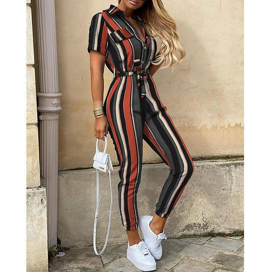 Classic, Casual, Lapel Printed Belt Overalls, Jumpsuit for women - WAREHOUSE SHOP