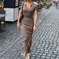 Classy Kliou Lady Dress. Button Side Slit Body, with Turn - down Collar Short Sleeve - Shaping - WAREHOUSE SHOP