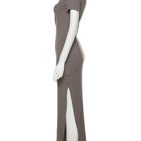 Classy Kliou Lady Dress. Button Side Slit Body, with Turn - down Collar Short Sleeve - Shaping - WAREHOUSE SHOP