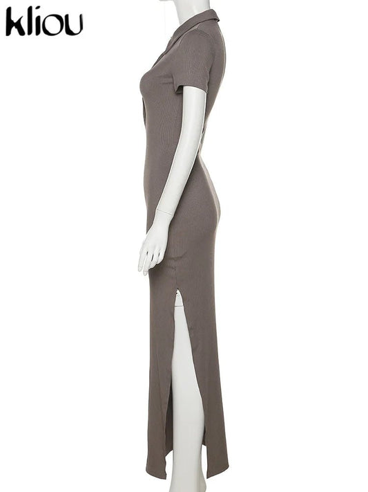 Classy Kliou Lady Dress. Button Side Slit Body, with Turn - down Collar Short Sleeve - Shaping - WAREHOUSE SHOP