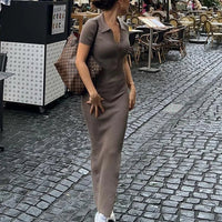 Classy Kliou Lady Dress. Button Side Slit Body, with Turn - down Collar Short Sleeve - Shaping - WAREHOUSE SHOP
