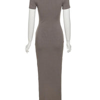 Classy Kliou Lady Dress. Button Side Slit Body, with Turn - down Collar Short Sleeve - Shaping - WAREHOUSE SHOP