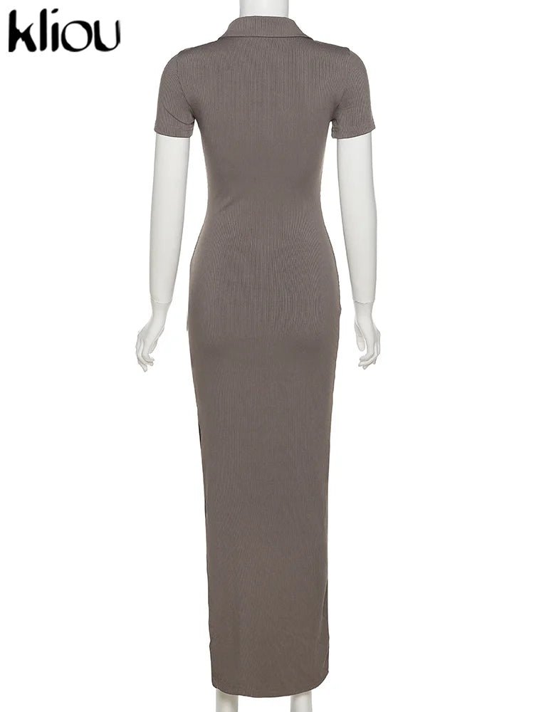 Classy Kliou Lady Dress. Button Side Slit Body, with Turn - down Collar Short Sleeve - Shaping - WAREHOUSE SHOP
