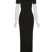 Classy Kliou Lady Dress. Button Side Slit Body, with Turn - down Collar Short Sleeve - Shaping - WAREHOUSE SHOP
