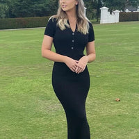 Classy Kliou Lady Dress. Button Side Slit Body, with Turn - down Collar Short Sleeve - Shaping - WAREHOUSE SHOP
