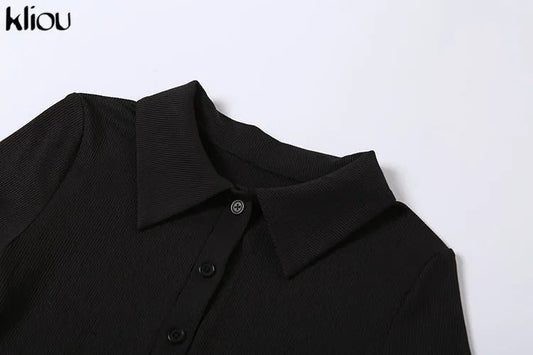 Classy Kliou Lady Dress. Button Side Slit Body, with Turn - down Collar Short Sleeve - Shaping - WAREHOUSE SHOP