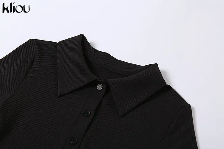 Classy Kliou Lady Dress. Button Side Slit Body, with Turn - down Collar Short Sleeve - Shaping - WAREHOUSE SHOP