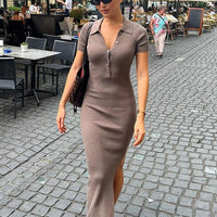 Classy Kliou Lady Dress. Button Side Slit Body, with Turn - down Collar Short Sleeve - Shaping - WAREHOUSE SHOP