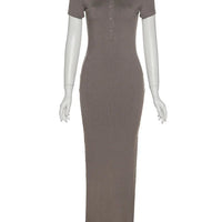 Classy Kliou Lady Dress. Button Side Slit Body, with Turn - down Collar Short Sleeve - Shaping - WAREHOUSE SHOP