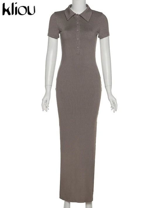 Classy Kliou Lady Dress. Button Side Slit Body, with Turn - down Collar Short Sleeve - Shaping - WAREHOUSE SHOP