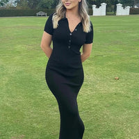 Classy Kliou Lady Dress. Button Side Slit Body, with Turn - down Collar Short Sleeve - Shaping - WAREHOUSE SHOP