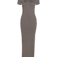 Classy Kliou Lady Dress. Button Side Slit Body, with Turn - down Collar Short Sleeve - Shaping - WAREHOUSE SHOP