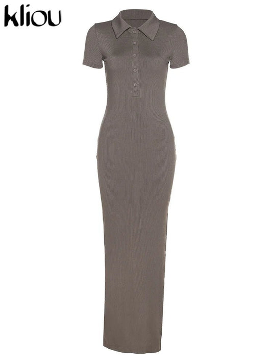 Classy Kliou Lady Dress. Button Side Slit Body, with Turn - down Collar Short Sleeve - Shaping - WAREHOUSE SHOP