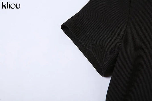Classy Kliou Lady Dress. Button Side Slit Body, with Turn - down Collar Short Sleeve - Shaping - WAREHOUSE SHOP