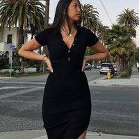 Classy Kliou Lady Dress. Button Side Slit Body, with Turn - down Collar Short Sleeve - Shaping - WAREHOUSE SHOP