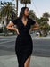 Classy Kliou Lady Dress. Button Side Slit Body, with Turn - down Collar Short Sleeve - Shaping - WAREHOUSE SHOP