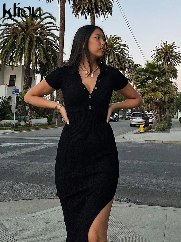 Classy Kliou Lady Dress. Button Side Slit Body, with Turn - down Collar Short Sleeve - Shaping - WAREHOUSE SHOP