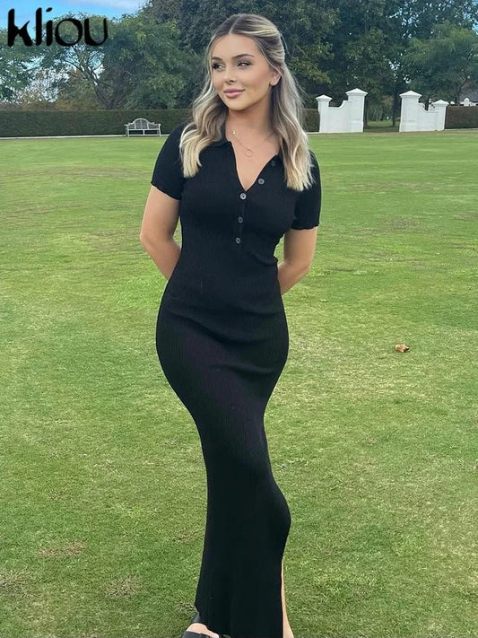 Classy Kliou Lady Dress. Button Side Slit Body, with Turn - down Collar Short Sleeve - Shaping - WAREHOUSE SHOP