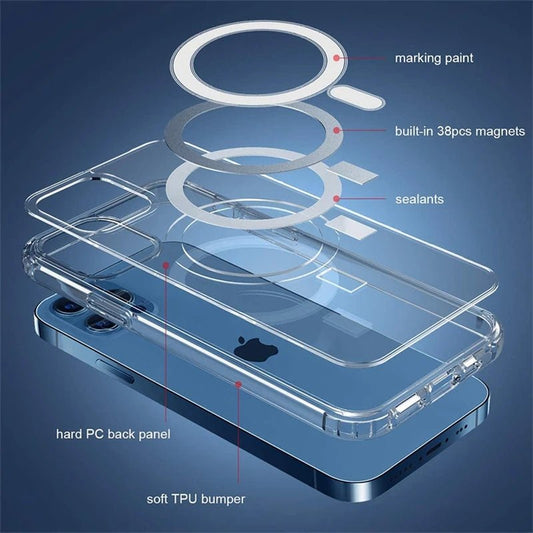 Clear Phone Case For iPhone 11 12 13 14 15 Pro Max For Magsafe Magnetic Wireless Charging Magsafe Case 7 8 XR XsMax Cover Case - WAREHOUSE SHOP