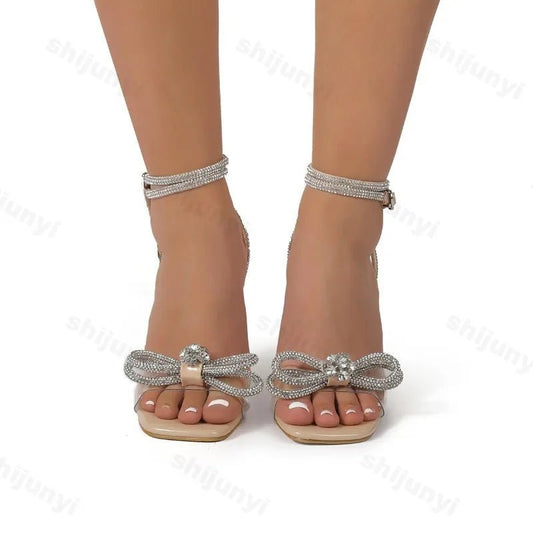 Comfortable Versatile Sandals. Casual Back Strap Bow. Rhinestone Stiletto Women's Shoes. - WAREHOUSE SHOP
