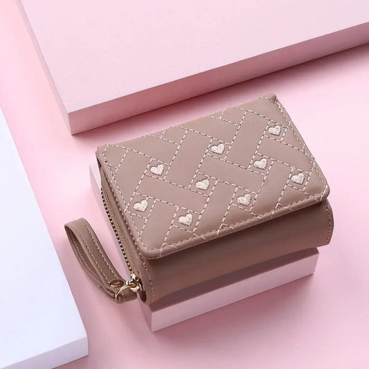 Compact women’s wallet featuring embroidered details, secure zipper buckle, spacious card storage, and a chic minimalist style. - WAREHOUSE SHOP