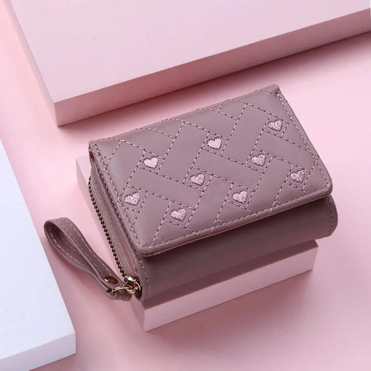 Compact women’s wallet featuring embroidered details, secure zipper buckle, spacious card storage, and a chic minimalist style. - WAREHOUSE SHOP