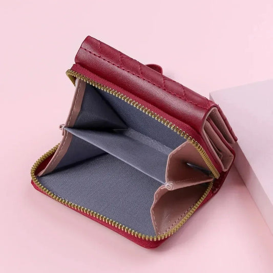 Compact women’s wallet featuring embroidered details, secure zipper buckle, spacious card storage, and a chic minimalist style. - WAREHOUSE SHOP