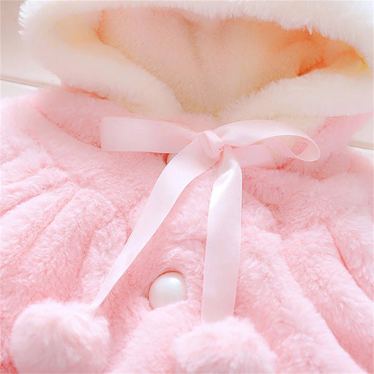 Cozy girls’ hooded sweater shawl. Soft plush, short sleeve autumn coat with cute cartoon style for everyday wear. - WAREHOUSE SHOP