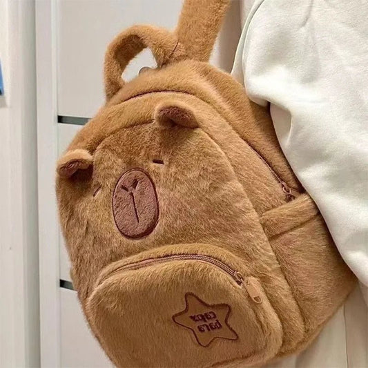 Cute Capybara plush backpack with large capacity and crossbody strap, perfect for school, anime fans, or casual everyday use - WAREHOUSE SHOP