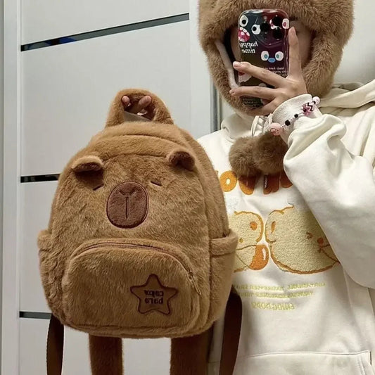 Cute Capybara plush backpack with large capacity and crossbody strap, perfect for school, anime fans, or casual everyday use - WAREHOUSE SHOP