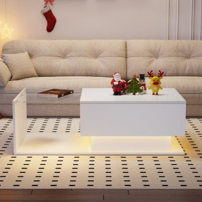 LED Coffee Table, Modern High Gloss Coffee Table, Center Table With Glass, Modern Coffee Table For Living Room With Drawer White