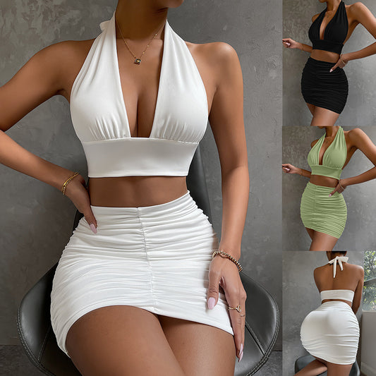 2 piece Dress Suits For Women. Halter Lace-up Hip Top and Pleated Hip-covering Skirt
