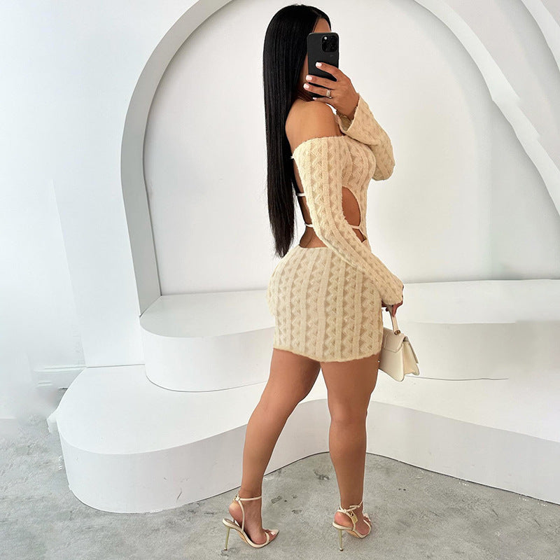 Solid Color High Waist Slim Fit Backless Off-shoulder Dress