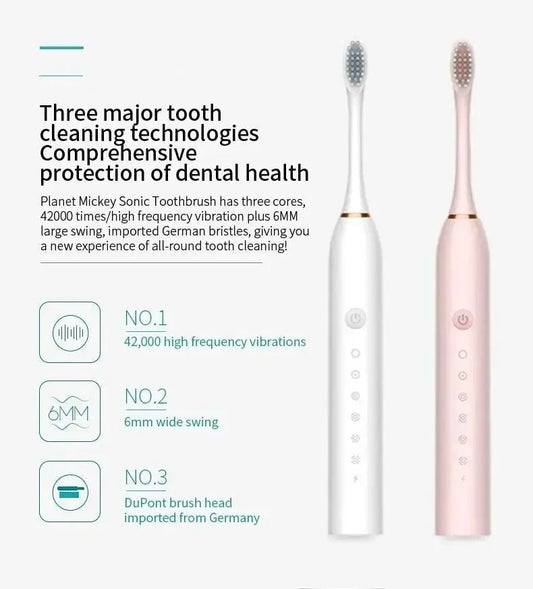 Electric Ultrasonic Toothbrush – 6 Speed Modes | Soft Bristles | USB Rechargeable | Waterproof | Adult Tooth Cleaner | Automatic Couple Set - WAREHOUSE SHOP