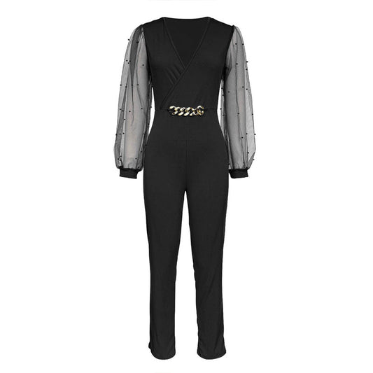 Elegant Deep V - Neck Women's Jumpsuit With Sheer Long Sleeves, Decorative Belt, Solid Color One - Piece Outfit For Spring & Fall - WAREHOUSE SHOP
